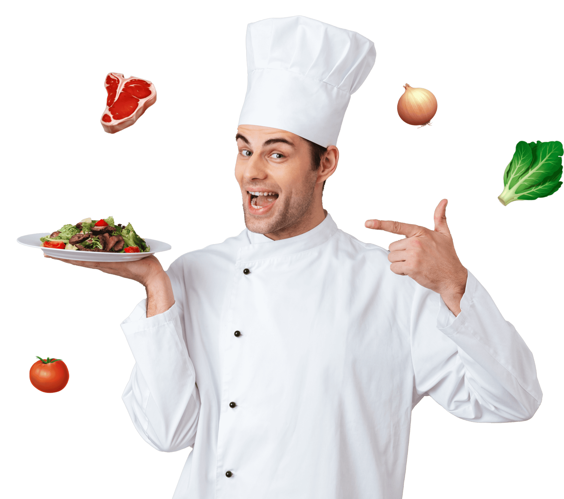 Happy chef pointing at a freshly made meal
