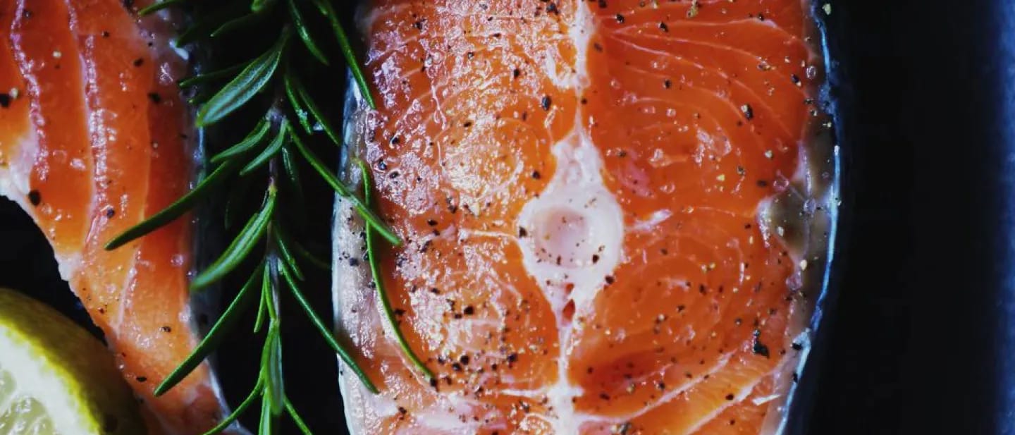 Salmon steak surrounded by lemon slices