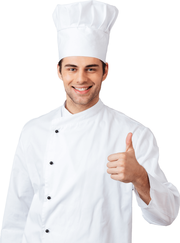 Happy chef pointing at a freshly made meal